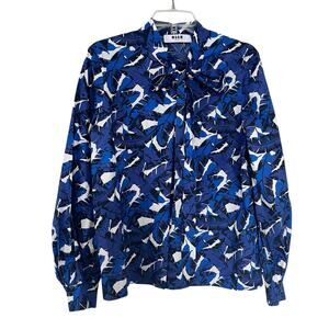 MSGM Blue Tropical Leaf Print Tie Neck Long Sleeve Cotton Blouse Size 44/ US 8